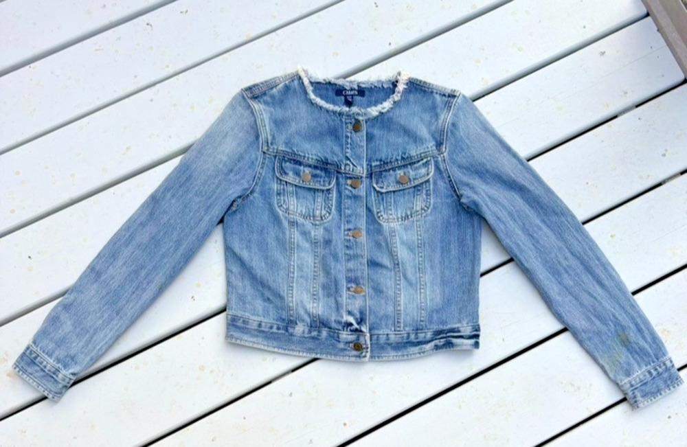 VTG Chaps Collarless Frayed Denim Jacket Cropped Raw Neck Blue Women’s Size M